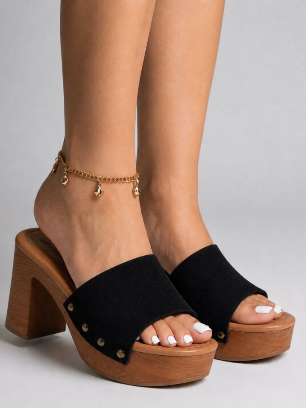 Soda Black Suede Platform Mules with Wooden Block Heel